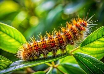 Fototapeta premium Woolly Caterpillar on Green Leaves in Florida Nature - Closeup Photography