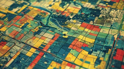 Obraz premium Colorful Geometric Farmland Landscape Captured from High Aerial Perspective