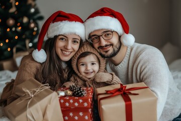 Young happy family in Santa hats with pile of christmas presents show it into the camera isolated on white background. New Year holidays