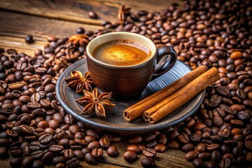 Enjoy a fragrant espresso coffee cup accompanied by rich coffee beans and cinnamon sticks, artfully arranged on a warm, rustic wooden table, evoking comfort.