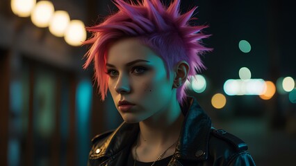 Edgy Punk Anime Girl with Neon Accents Under City Lights