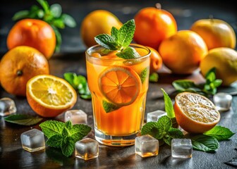 Enjoy a revitalizing orange beverage, beautifully iced and enhanced with fresh citrus fruits and aromatic mint leaves for a delightful, refreshing experience.