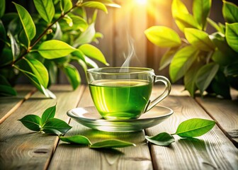 Enjoy a serene cup of green tea surrounded by vibrant leaves on a light wooden table, ideal for boosting relaxation and nurturing your wellness journey.