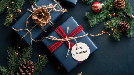 Two festive gifts wrapped in black and blue plaid paper are adorned with red string and white tags that wish everyone a Merry Christmas, brightening the holiday ambiance