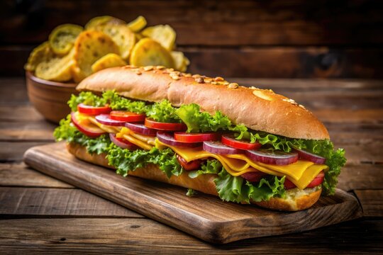 Enjoy a tasty footlong sandwich complemented by crispy chips, beautifully arranged on a wooden table, perfect for a delightful lunch or a quick snack.