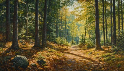 Obraz premium A path through a sunlit forest with tall trees and fallen leaves.