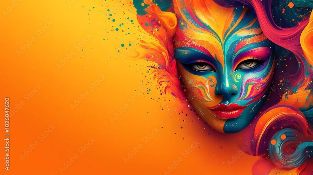 Poster vibrant multicolored carnival mask centered on a sleek banner surrounded by swirling patterns and br
