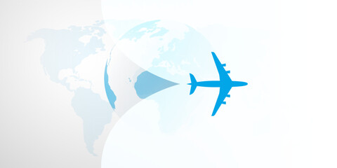 Fototapeta premium An Airplane Silhouette Opens Up the Translucent Cover Background Over an Earth Globe and World Map. Concept of Trip to Abroad for Vacations or Discover Round the World Traveling