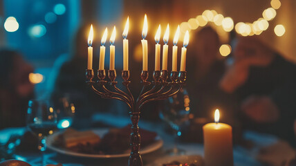 Celebrating Hanukkah with a beautifully lit menorah and festive gatherings in a cozy setting