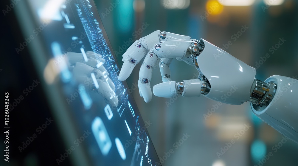 Poster close-up of robotic hand interacting with a touchscreen, illustrating the integration of ai and huma