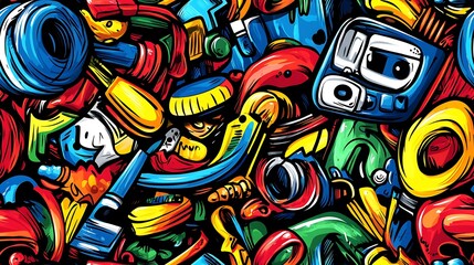 Obraz premium An urban street art doodle pattern with elements like graffiti letters, skateboard ramps, headphones, and boom boxes, with bright paint splashes and abstract shapes in the background,
