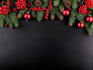 Christmas Border frame of tree branches on black background with copy space, red and wooden decor, berries, stars, cones