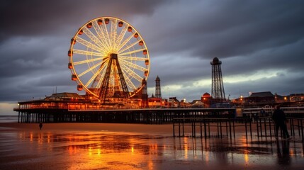 Illuminated Ferris Wheel on Pier at Dusk
