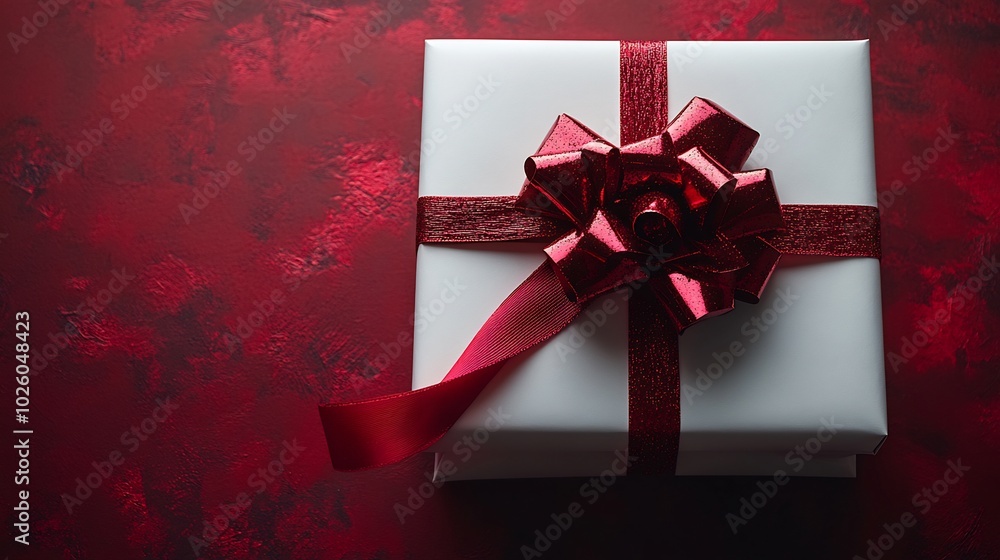 Poster top view of open white present box with a red ribbon bow isolated on a dark red background 3d render