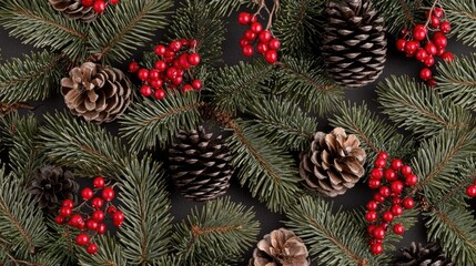 A beautifully arranged assortment of pine cones and vibrant red berries is surrounded by lush evergreen branches, creating a festive atmosphere ideal for Christmas decor