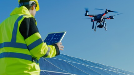 Maintenance technician inspecting solar pannel installation with a drone