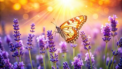 Experience a bright summer day with a butterfly hovering over lavender blooms, kissed by sunlight, adorned with delicate bokeh effects creating a peaceful and vibrant atmosphere.