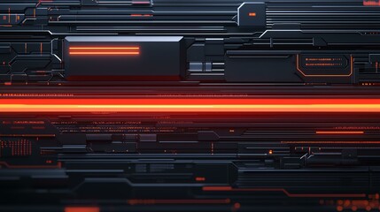 Hi-tech digital wallpaper with dark gray background, glowing red and orange horizontal stroke, sleek interface elements, futuristic theme