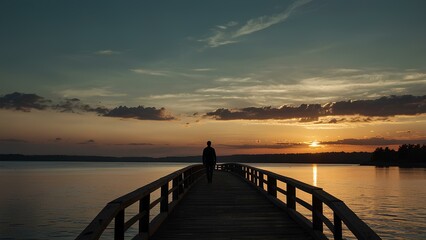 Fototapeta premium Lone Silhouette on an Empty Bridge at Dusk