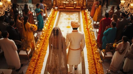 A Sikh wedding ceremony, with the couple walking around the Guru Granth Sahib to symbolize their union.