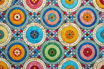 Experience a chic Scandinavian geometric mosaic pattern that blends pastel circles and squares, offering a minimalistic touch to any design while promoting serenity and elegance effortlessly.