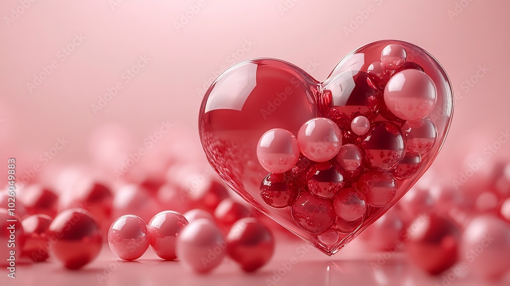 Poster metallic red pink glass spheres forming a heart shape floating against a soft pink minimalistic back