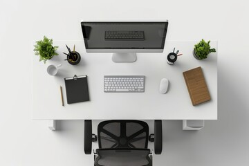Modern desk setup with computer, stationery, and plants in a minimalist workspace