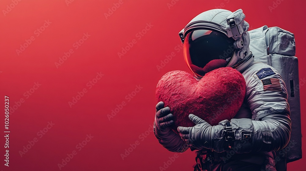 Poster astronaut in a space suit gently hugging a large soft red valentine heart against a minimalistic red