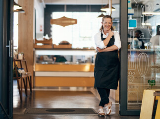 Entrepreneur, portrait and confidence in cafe for professional, catering and development with...