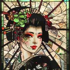 Elegant stained glass artwork with vibrant geisha theme