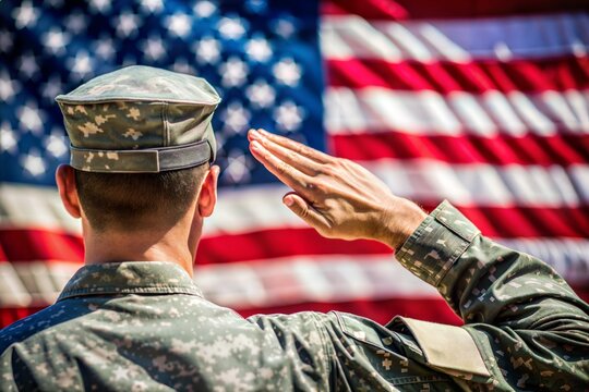 Soldier saluting american flag veterans day tribute