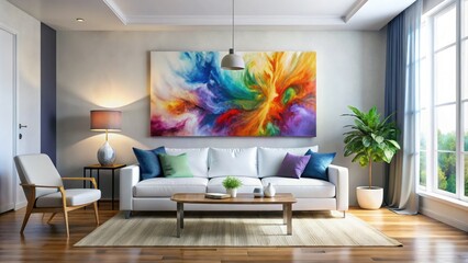 Experience contemporary minimalism with a white sofa and dramatic large generative AI wall art, merging simplicity and creativity in a stunning living room design.