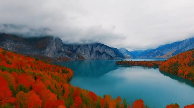 Aerial View of Lake Toplitz in Vibrant Autumnal Mountain Valley, Austria