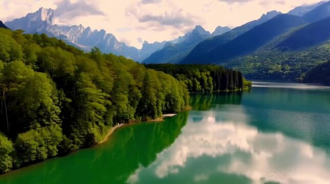 Lago di Levico Surrounded by Lush Forests and Mountains &ndash; Aerial View