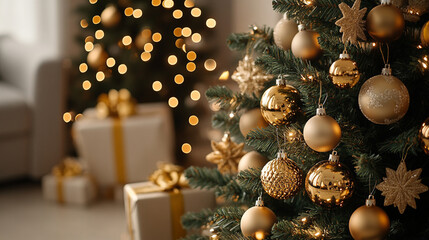 Beautifully decorated Christmas trees with golden ornaments and wrapped gifts on Christmas Eve