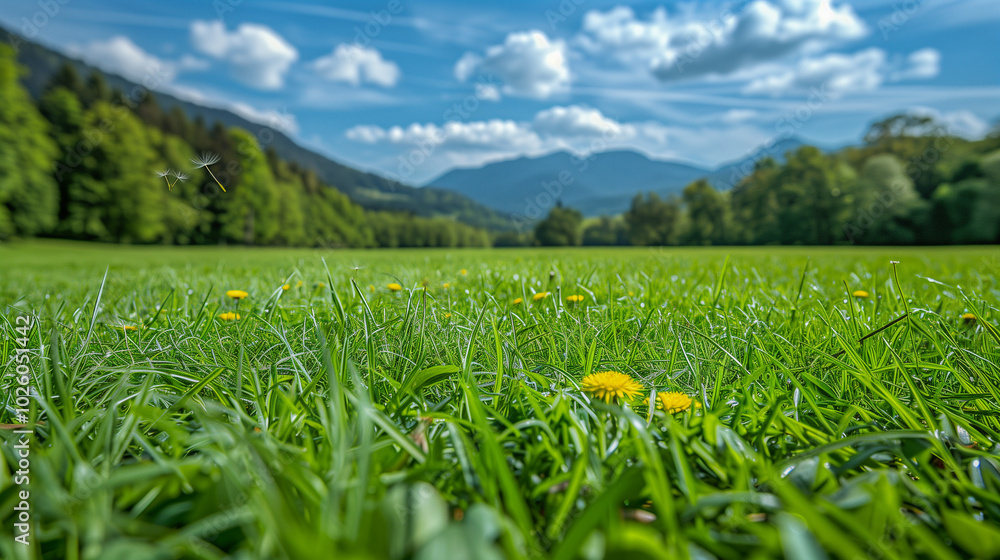 Poster sunny meadow with dandelions and distant mountain view..