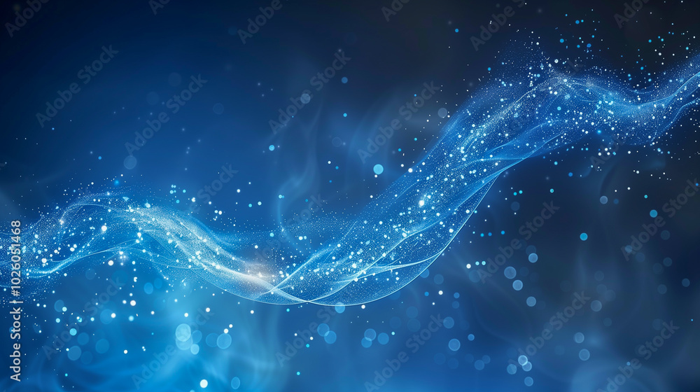 Poster flowing blue energy wave with sparkling light particles..