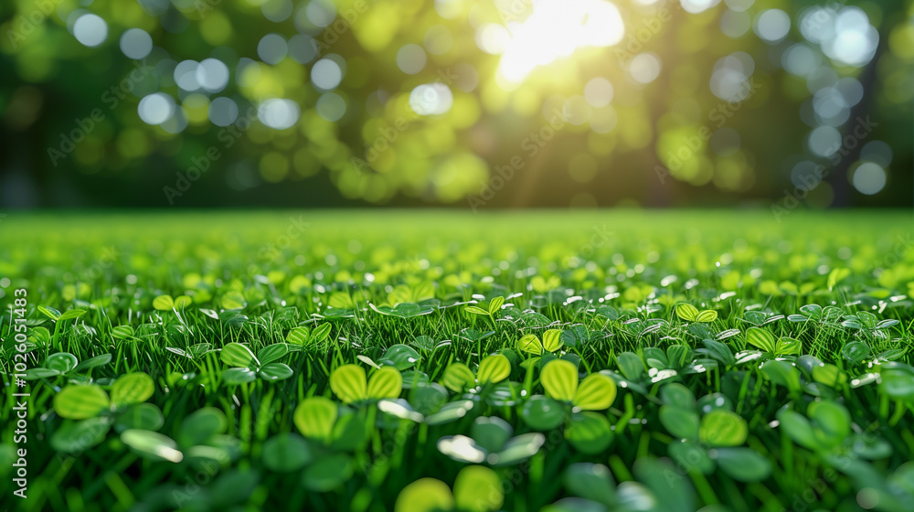 Poster sunlit field of clovers with soft bokeh background..
