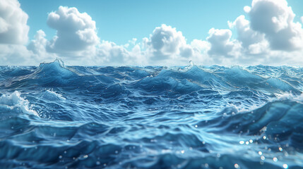 Obraz premium Deep Blue Ocean Waves Under a Bright Sky with Puffy Clouds..