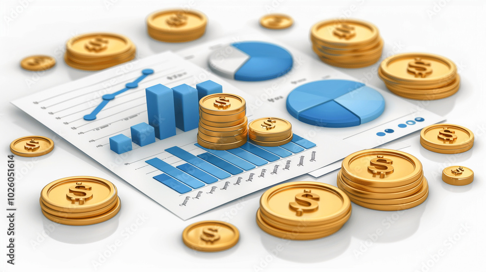 Poster financial growth with stacked coins and charts showing data trends..