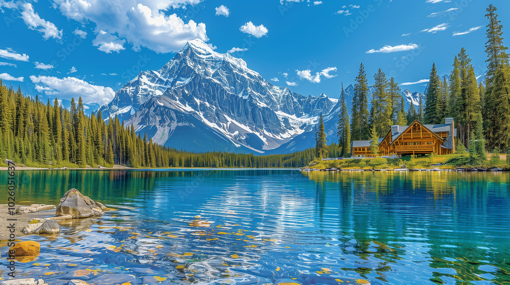 Poster Log cabin by crystal-clear lake with towering snow-capped mountains..
