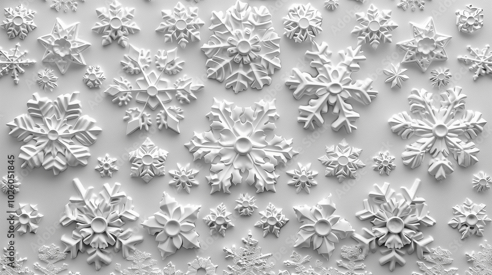 Poster intricate white snowflake patterns on a textured background..