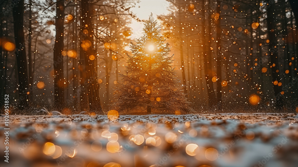 Poster christmas tree in glowing sunset with sparkling snow in forest..