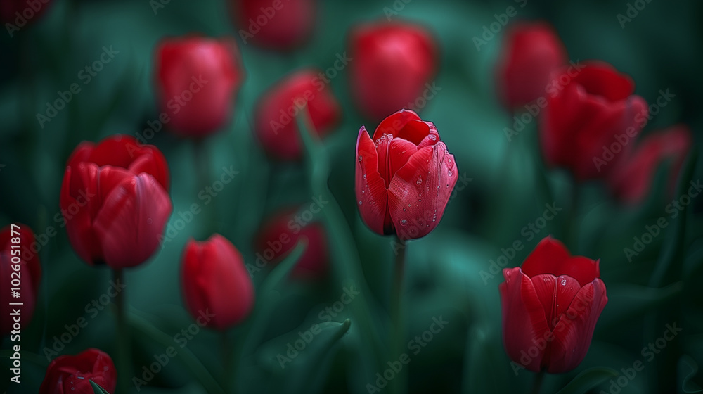 Poster close-up of vibrant red tulips with dewdrops in a garden..