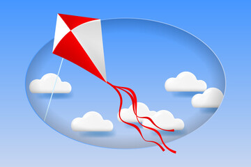 Flying kite in the sky. 3D clouds and flying kite.