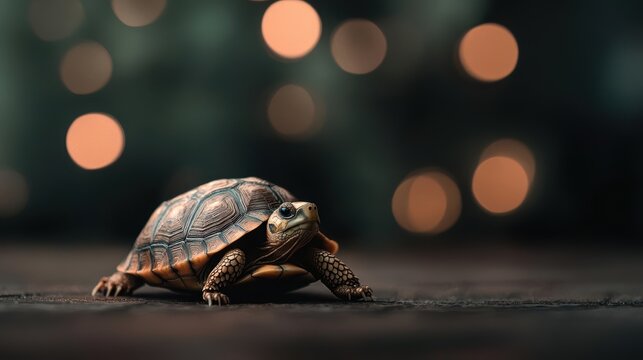 A close-up of a turtle with a blurred bokeh background, showcasing its intricate shell patterns.