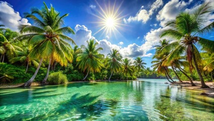 Obraz premium Experience the bliss of a Caribbean paradise where clear blue waters meet lush palm trees, all illuminated by bright sunlight in a truly dreamy retreat.