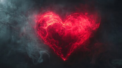 Gothic heart glowing crimson against minimalistic black background surrounded by subtle swirling mist creating a dark fantasy vibe for an eerie yet romantic Valentine's Day