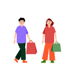 Buyers. Woman and man with shopping bags and packages.  Simple flat vector illustration.