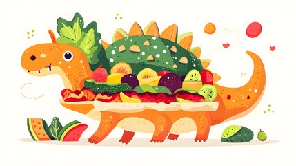 Obraz premium Cartoon Dinosaur Covered in Fruit and Vegetables